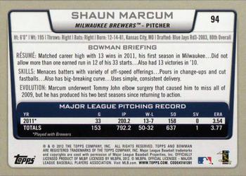 2012 Bowman #94 Shaun Marcum Back