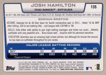 2012 Bowman #135 Josh Hamilton Back