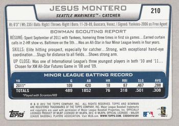 2012 Bowman #210 Jesus Montero Back