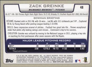 2012 Bowman #48 Zack Greinke Back