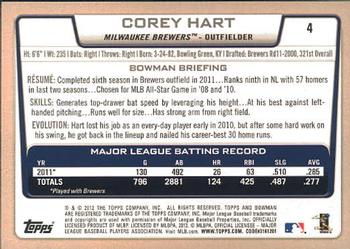 2012 Bowman #4 Corey Hart Back