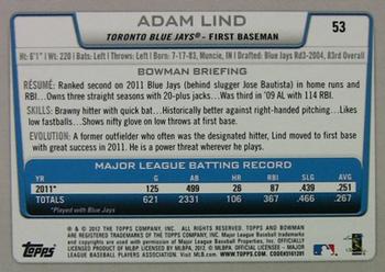 2012 Bowman #53 Adam Lind Back