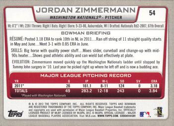 2012 Bowman #54 Jordan Zimmermann Back