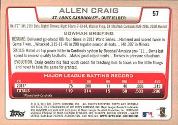 2012 Bowman #57 Allen Craig Back