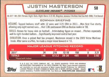 2012 Bowman #58 Justin Masterson Back