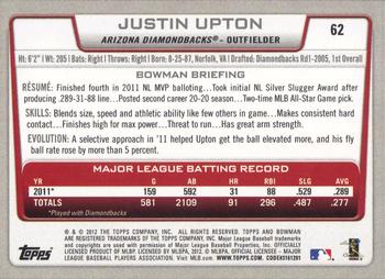 2012 Bowman #62 Justin Upton Back