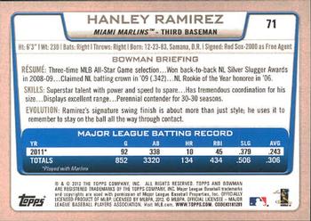 2012 Bowman #71 Hanley Ramirez Back