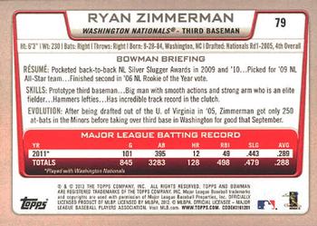 2012 Bowman #79 Ryan Zimmerman Back