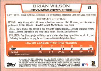 2012 Bowman #89 Brian Wilson Back
