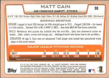 2012 Bowman #90 Matt Cain Back