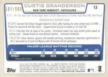 2012 Bowman - Blue #13 Curtis Granderson Back