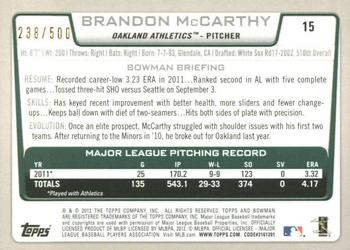 2012 Bowman - Blue #15 Brandon McCarthy Back