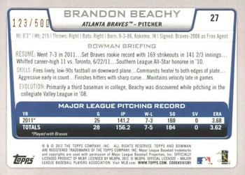 2012 Bowman - Blue #27 Brandon Beachy Back