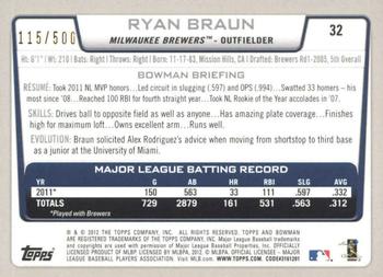 2012 Bowman - Blue #32 Ryan Braun Back