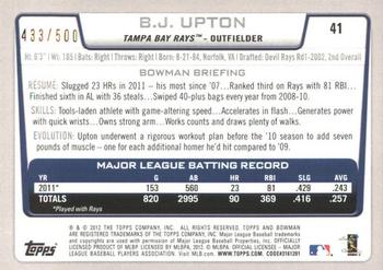 2012 Bowman - Blue #41 B.J. Upton Back