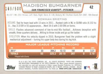 2012 Bowman - Blue #42 Madison Bumgarner Back