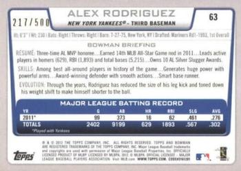 2012 Bowman - Blue #63 Alex Rodriguez Back