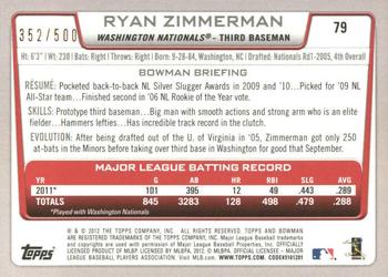 2012 Bowman - Blue #79 Ryan Zimmerman Back