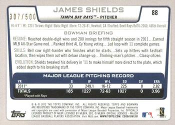 2012 Bowman - Blue #88 James Shields Back