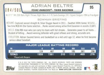 2012 Bowman - Blue #95 Adrian Beltre Back
