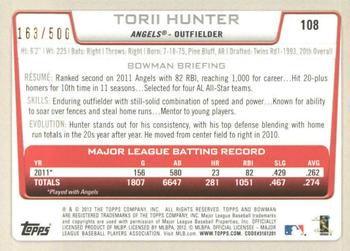 2012 Bowman - Blue #108 Torii Hunter Back