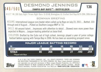 2012 Bowman - Blue #136 Desmond Jennings Back