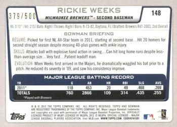 2012 Bowman - Blue #148 Rickie Weeks Back
