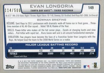 2012 Bowman - Blue #149 Evan Longoria Back