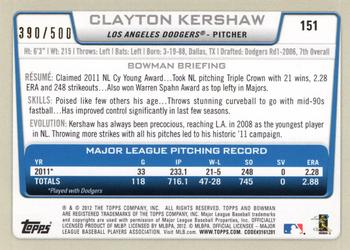 2012 Bowman - Blue #151 Clayton Kershaw Back