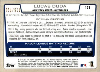 2012 Bowman - Blue #171 Lucas Duda Back