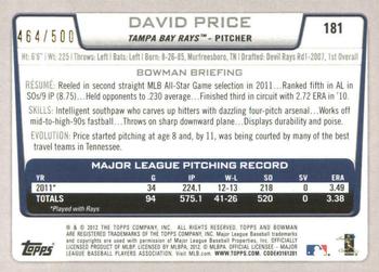 2012 Bowman - Blue #181 David Price Back