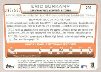 2012 Bowman - Blue #200 Eric Surkamp Back