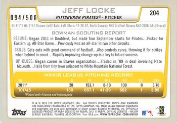 2012 Bowman - Blue #204 Jeff Locke Back