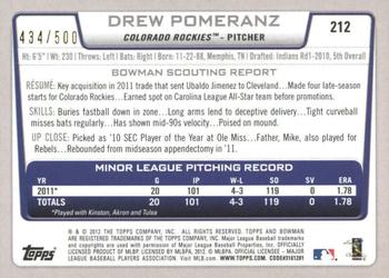 2012 Bowman - Blue #212 Drew Pomeranz Back