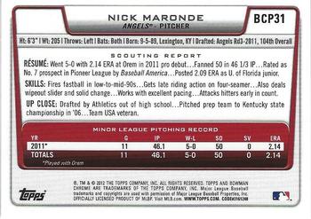 2012 Bowman - Chrome Prospect Autographs #BCP31 Nick Maronde Back