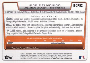 2012 Bowman - Chrome Prospect Autographs #BCP92 Nick Delmonico Back
