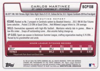 2012 Bowman - Chrome Prospect Autographs #BCP108 Carlos Martinez Back