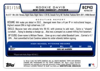 2012 Bowman - Chrome Prospect Autographs Blue Refractors #BCP43 Rookie Davis Back