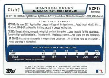 2012 Bowman - Chrome Prospect Autographs Gold Refractors #BCP18 Brandon Drury Back