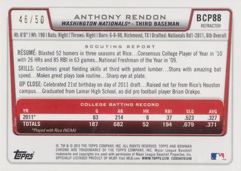 2012 Bowman - Chrome Prospect Autographs Gold Refractors #BCP88 Anthony Rendon Back