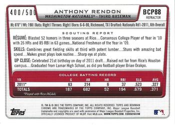 2012 Bowman - Chrome Prospect Autographs Refractors #BCP88 Anthony Rendon Back