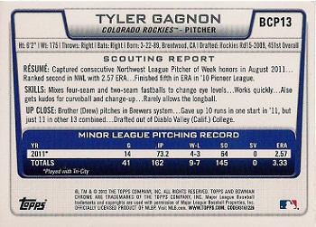 2012 Bowman - Chrome Prospects #BCP13 Tyler Gagnon Back