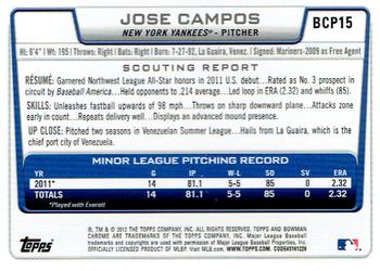 2012 Bowman - Chrome Prospects #BCP15 Jose Campos Back