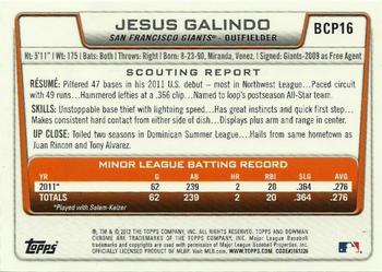 2012 Bowman - Chrome Prospects #BCP16 Jesus Galindo Back