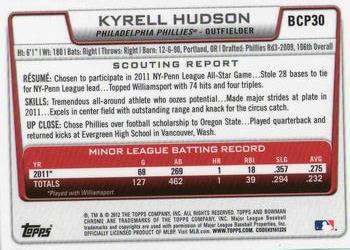 2012 Bowman - Chrome Prospects #BCP30 Kyrell Hudson Back