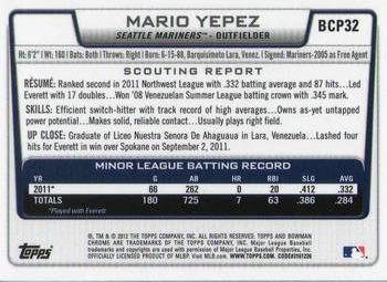 2012 Bowman - Chrome Prospects #BCP32 Mario Yepez Back