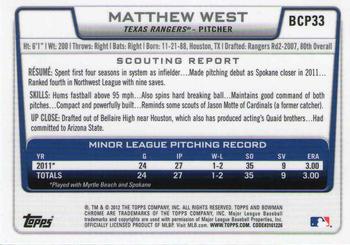 2012 Bowman - Chrome Prospects #BCP33 Matthew West Back