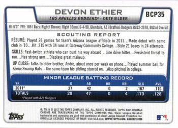 2012 Bowman - Chrome Prospects #BCP35 Devon Ethier Back