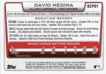 2012 Bowman - Chrome Prospects #BCP61 David Medina Back
