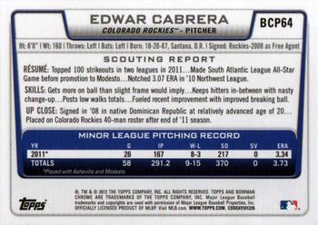 2012 Bowman - Chrome Prospects #BCP64 Edwar Cabrera Back